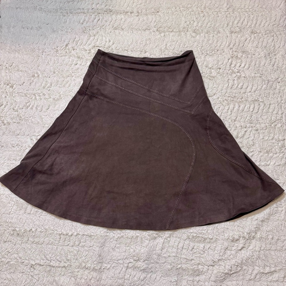 Faux suede Vintage brown boho stitching midi skirt Euro Next aprox 30 inch waist